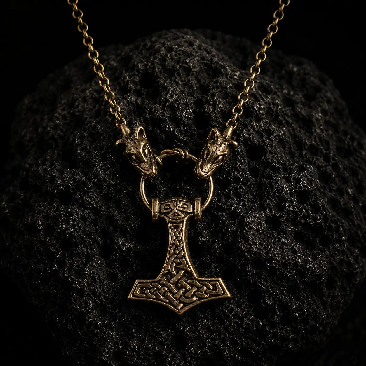 Valhallas Thors Hammer Necklace on Wolf Head chain in Bronze