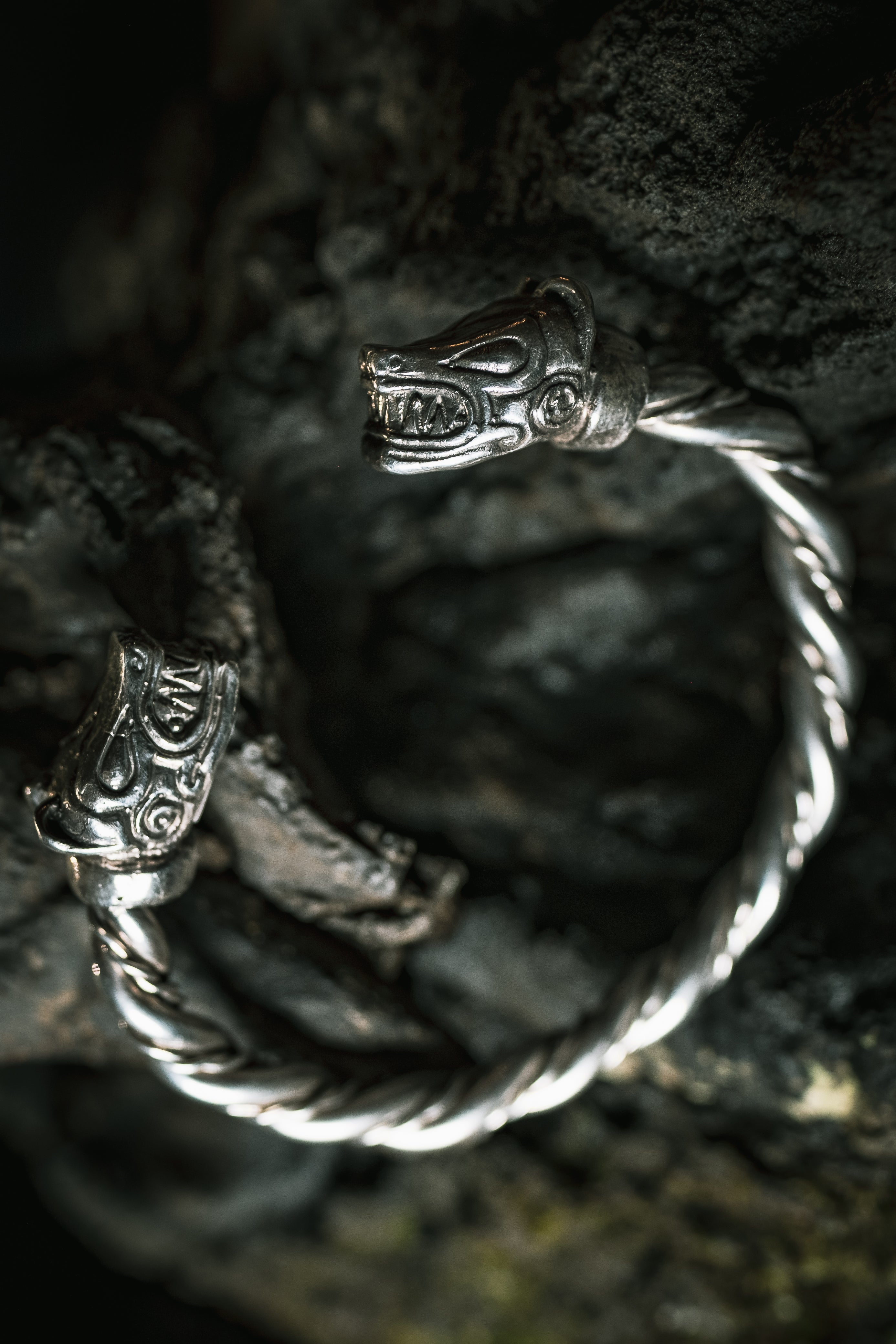 Bjorn Bracelet in Sterling Silver Viking jewellery photo taken on rock
