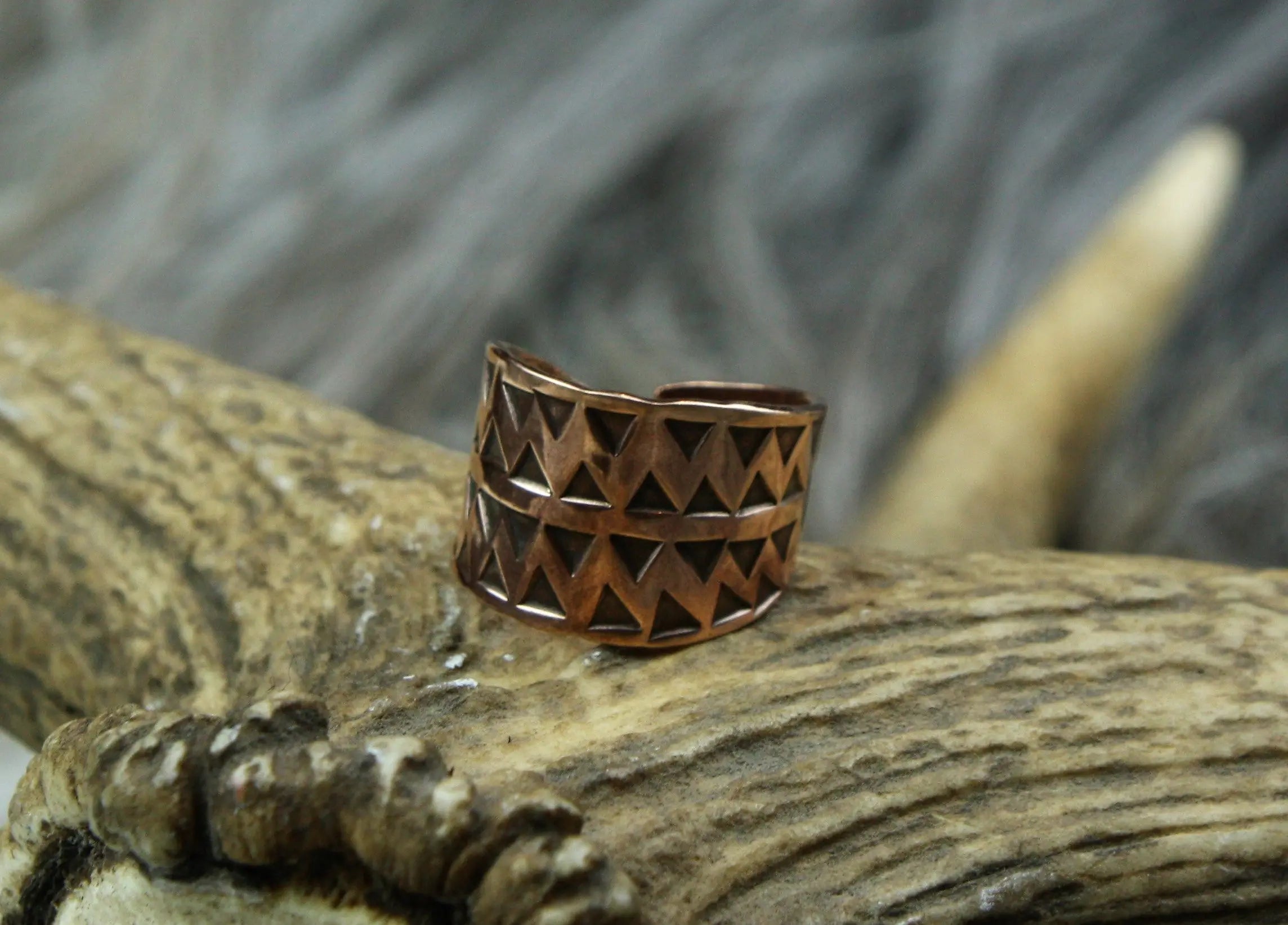 Adjustable Bronze Ring with Hand Stamped Pattern.